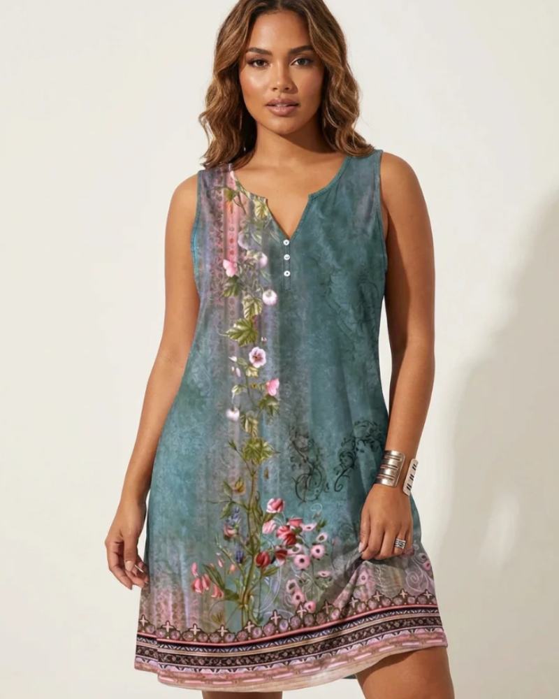 Bethany Women's Summer Dress – Sleeveless V-Neck with Artistic Print & Button Detail