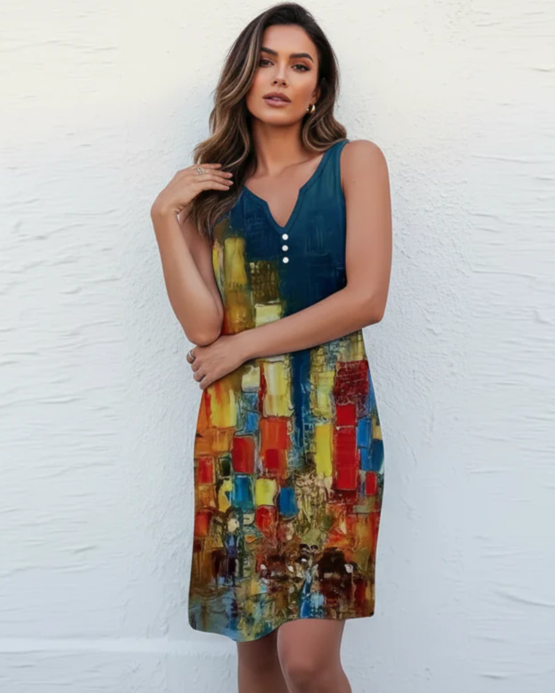 Bethany Women's Summer Dress – Sleeveless V-Neck with Artistic Print & Button Detail