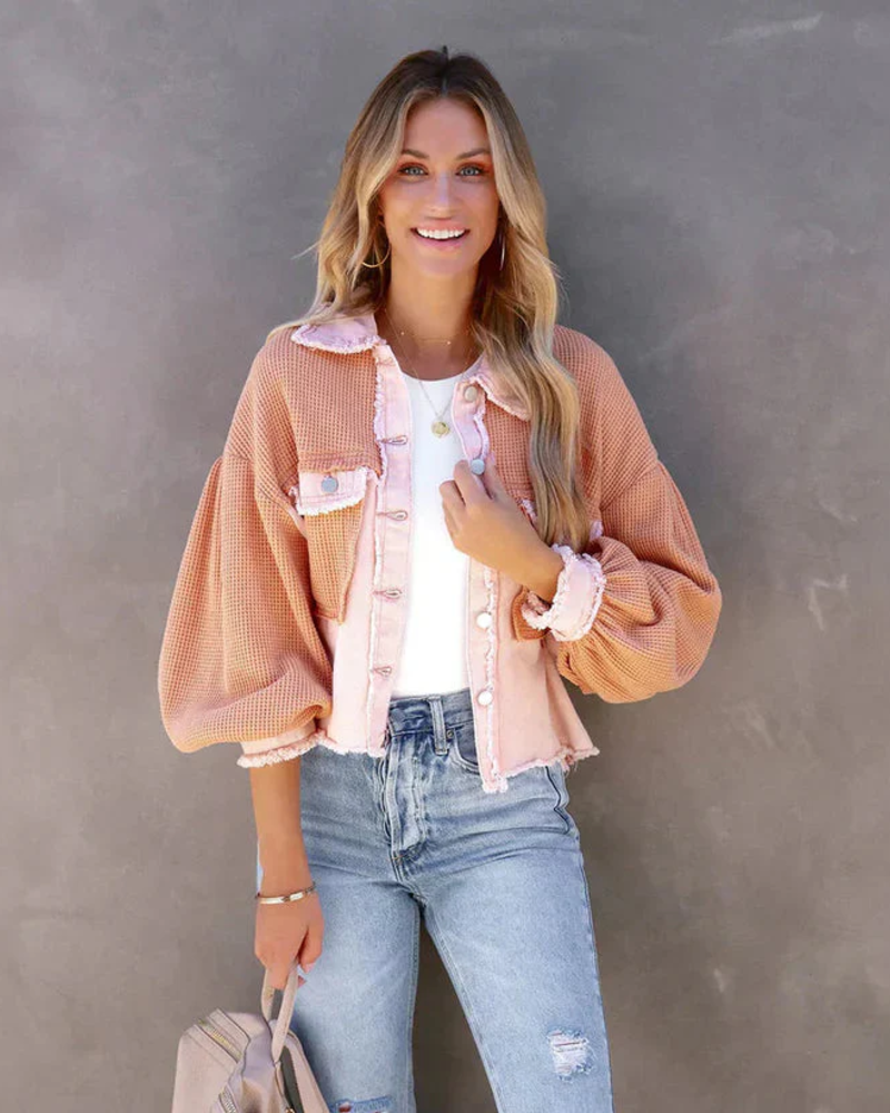 Mia Women's Cropped Denim Jacket – Fitted Style with Frayed Hem & Button Closure