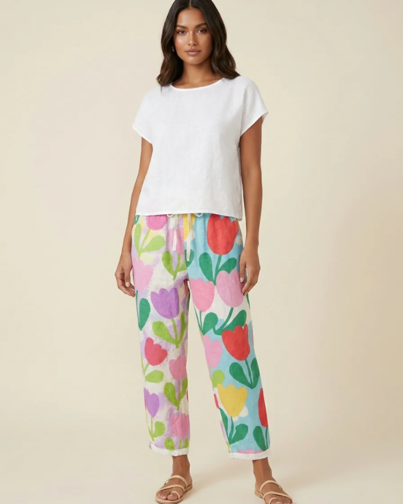 Bianca Women's Wide-Leg Pants – Colorful Print, Elastic Waist & Pockets
