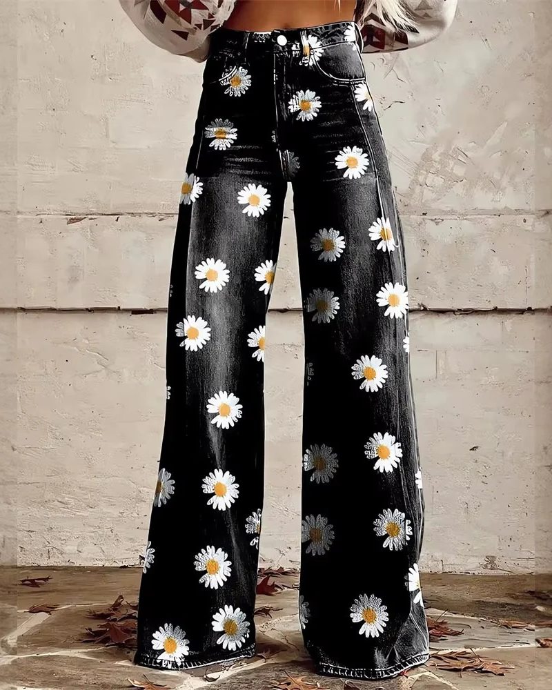 Phoebe Women's Wide-Leg Jeans – Artistic Print Statement Denim with Comfortable Waist