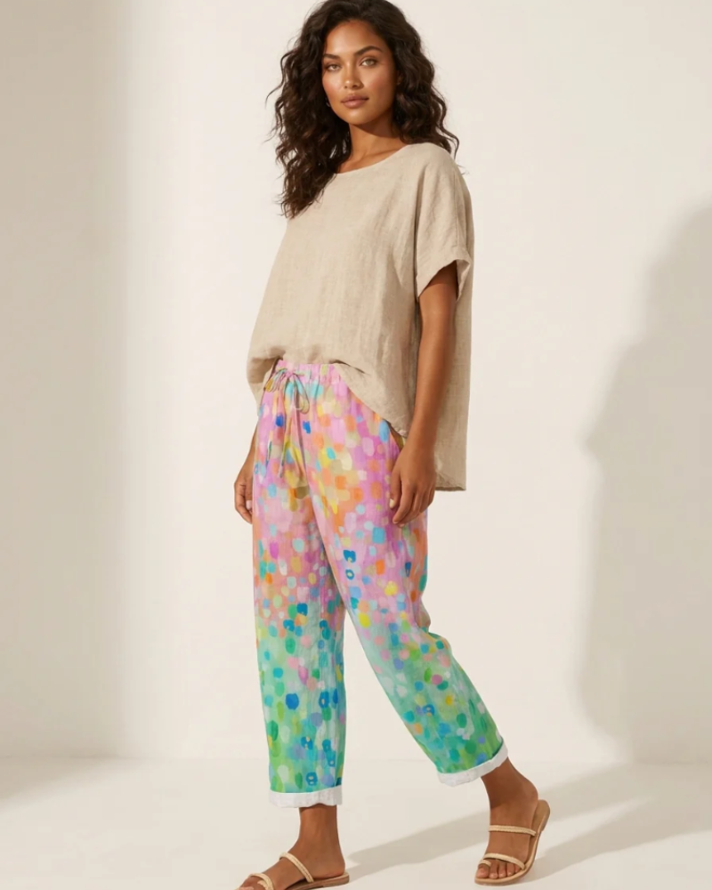 Bianca Women's Wide-Leg Pants – Colorful Print, Elastic Waist & Pockets