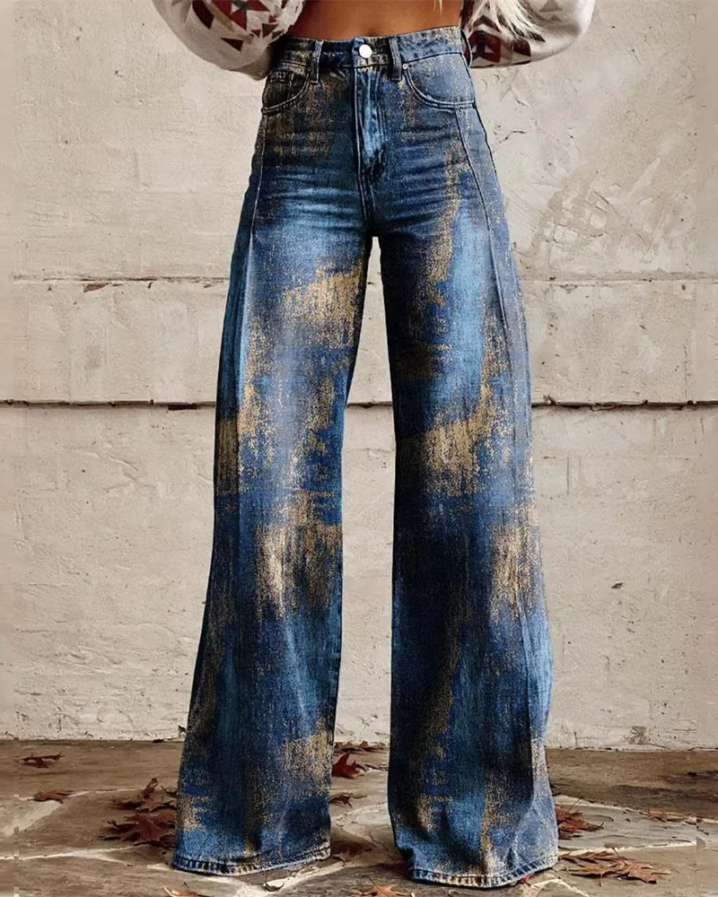 Phoebe Women's Wide-Leg Jeans – Artistic Print Statement Denim with Comfortable Waist