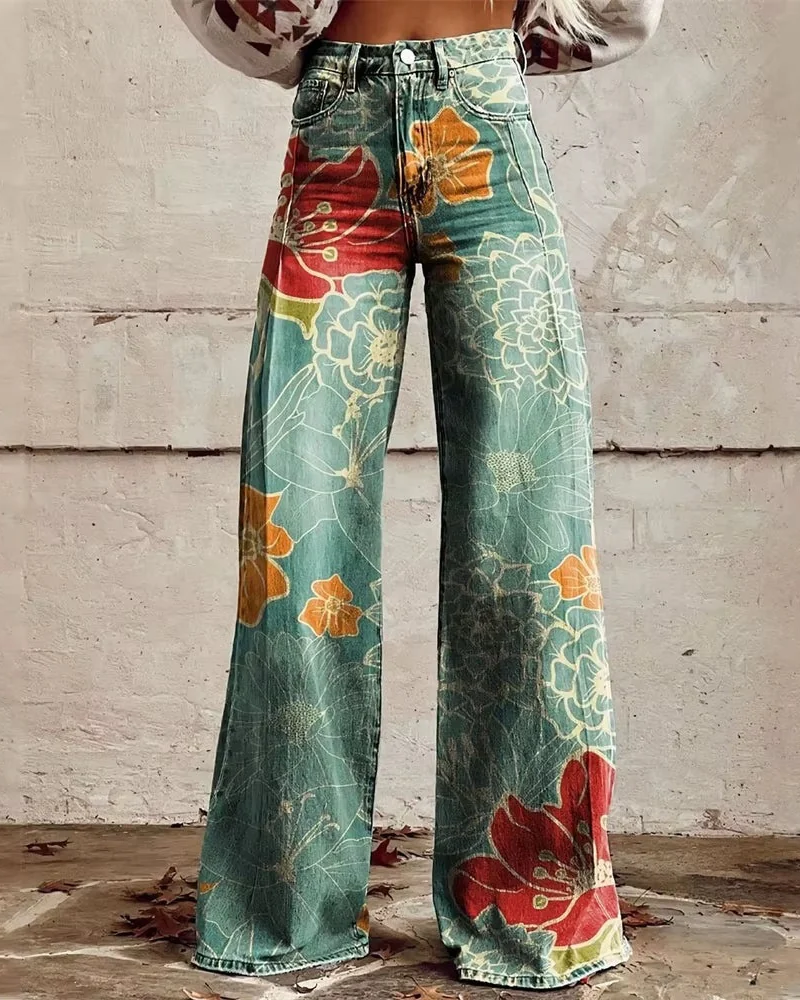 Phoebe Women's Wide-Leg Jeans – Artistic Print Statement Denim with Comfortable Waist