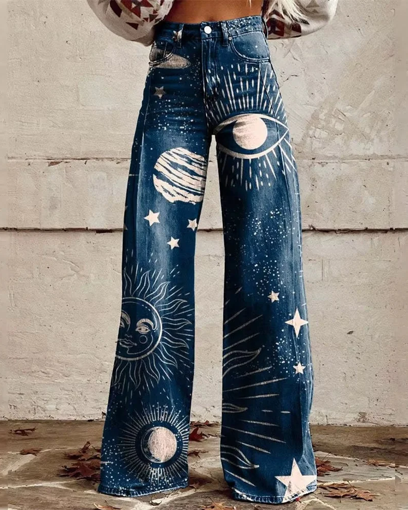 Phoebe Women's Wide-Leg Jeans – Artistic Print Statement Denim with Comfortable Waist