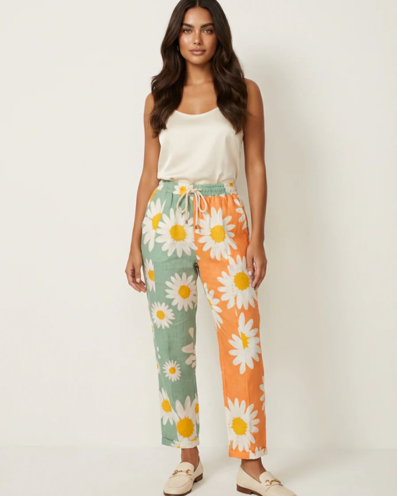 Bianca Women's Wide-Leg Pants – Colorful Print, Elastic Waist & Pockets