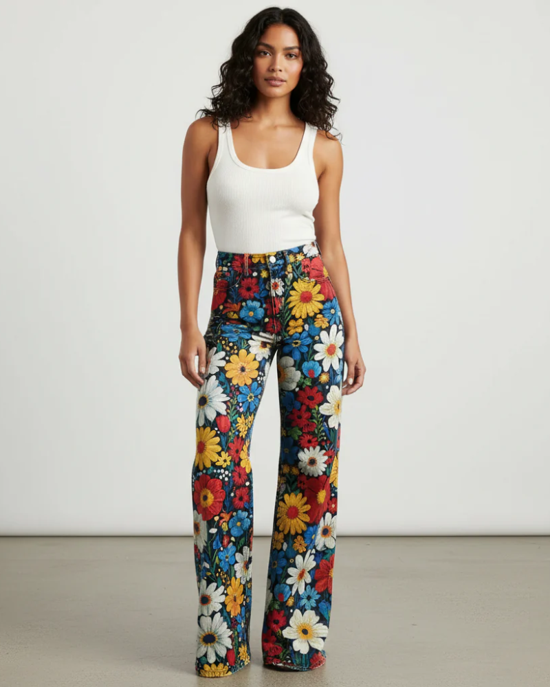 Phoebe Women's Wide-Leg Jeans – Artistic Print Statement Denim with Comfortable Waist