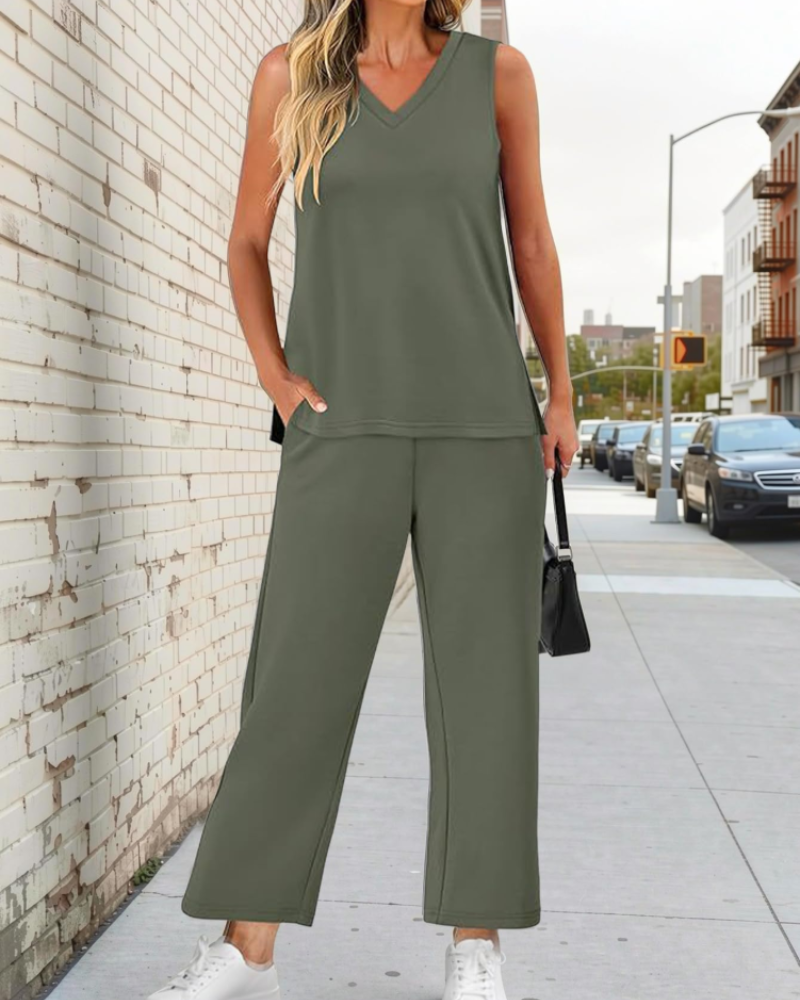 Aurora Women’s Two-Piece Set – V-Neck Summer Travel Matching Outfit