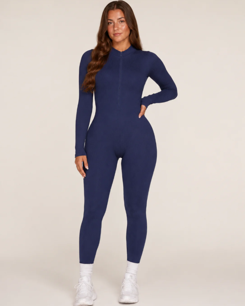 Felicity Women's Ribbed Workout Jumpsuit – Seamless Long Sleeve Zip-Front Design