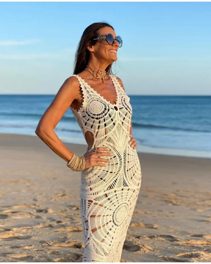 Briar Women's Crochet Beach Cover-Up Dress – Beige Cotton Swim Cover-Up