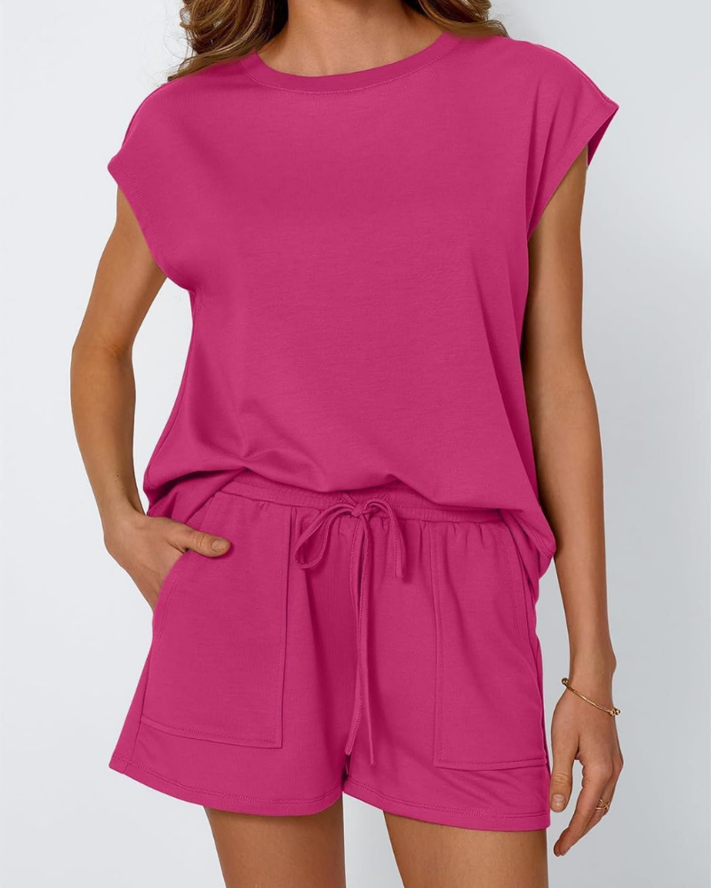Alyssa Women’s 2-Piece Loungewear Set – Cap Sleeve Top & Drawstring Shorts