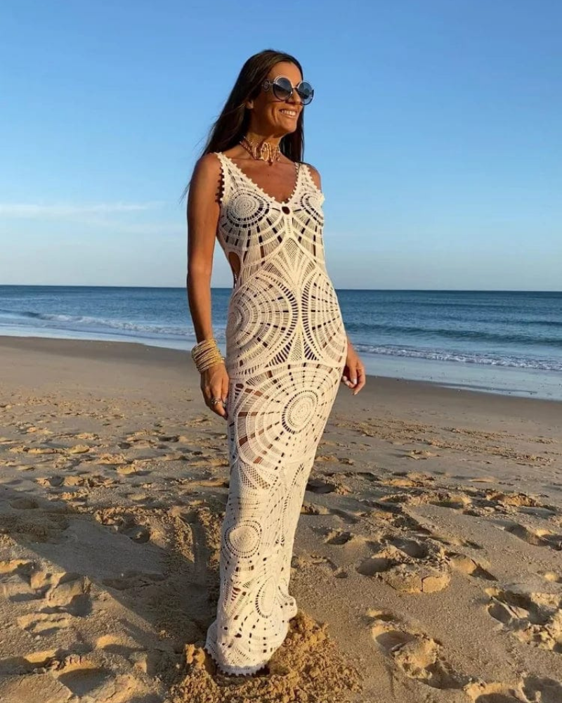 Briar Women's Crochet Beach Cover-Up Dress – Beige Cotton Swim Cover-Up