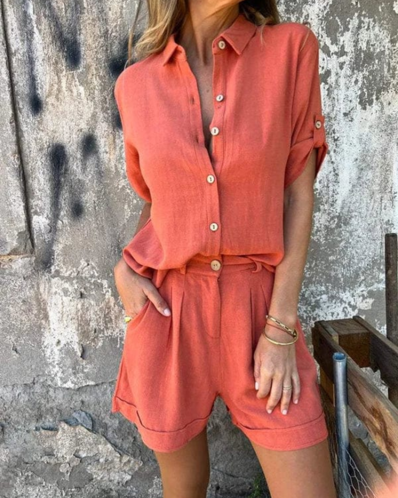 Charlotte Women's Blouse & Shorts Set – Button-Up Shirt with Rolled Sleeves & Matching Shorts