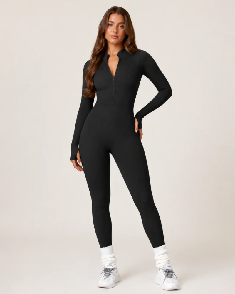 Felicity Women's Ribbed Workout Jumpsuit – Seamless Long Sleeve Zip-Front Design