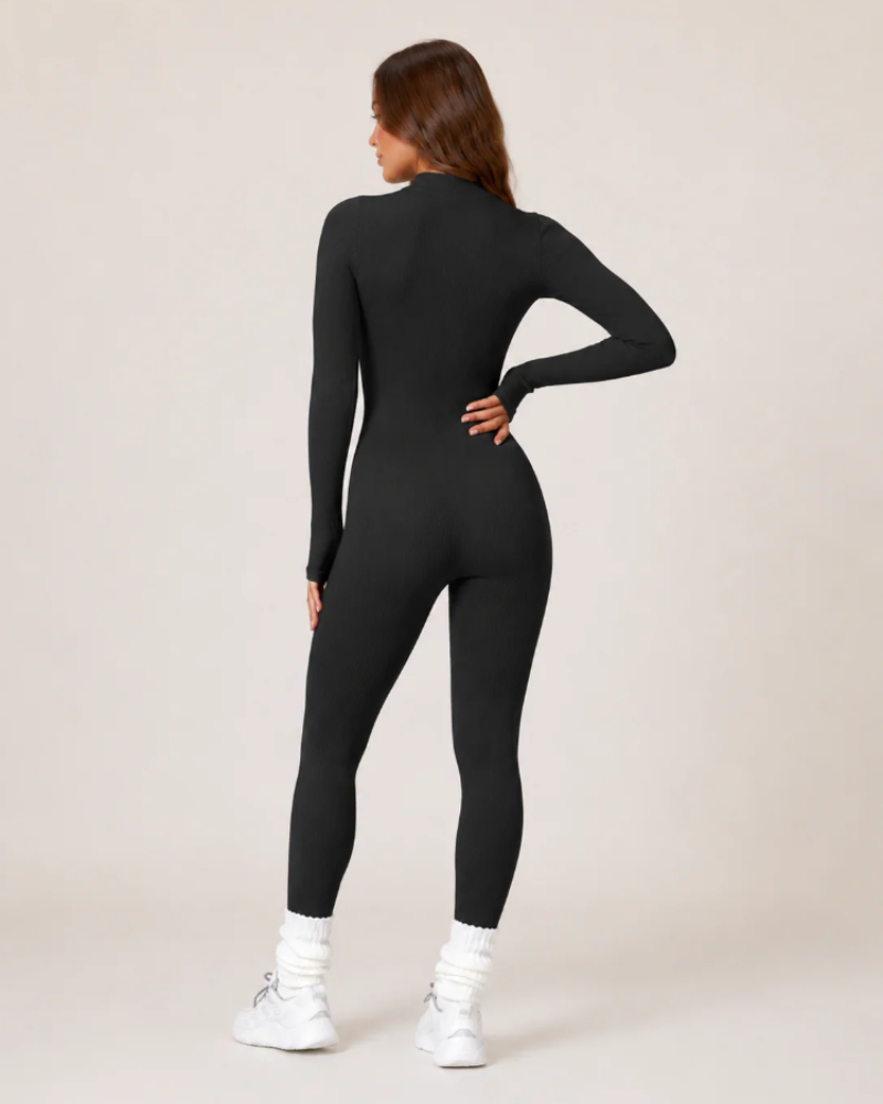 Felicity Women's Ribbed Workout Jumpsuit – Seamless Long Sleeve Zip-Front Design