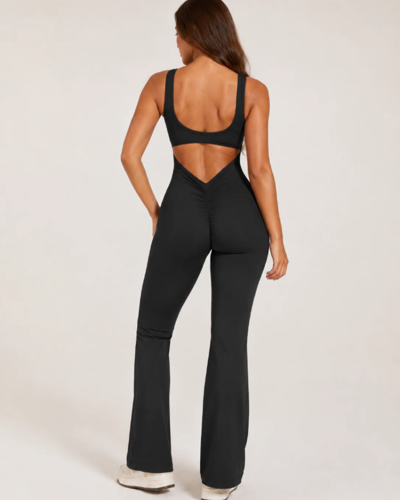 Imogen Women's Flared Workout Jumpsuit – Open-Back Stretch Athletic One-Piece
