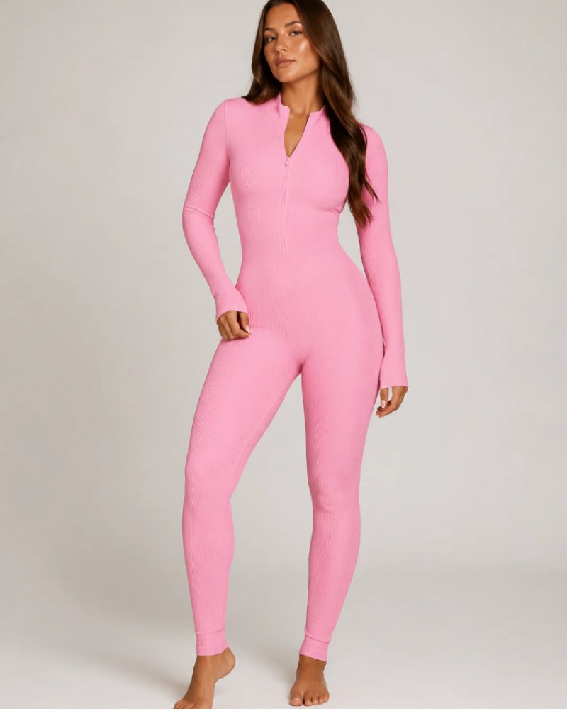 Felicity Women's Ribbed Workout Jumpsuit – Seamless Long Sleeve Zip-Front Design