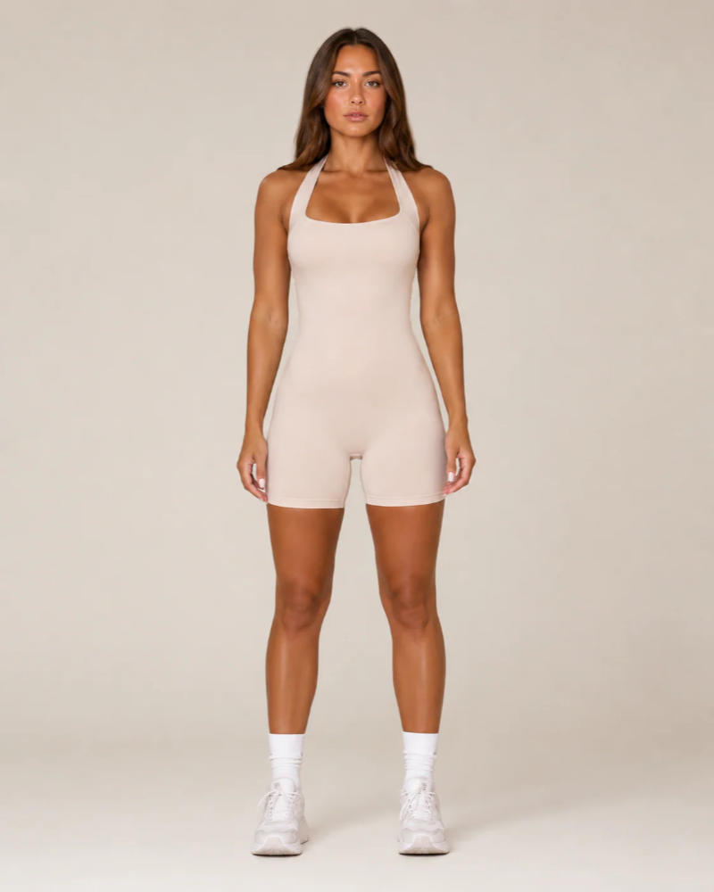 Megan Women's Halter Workout Romper – Open Back Athletic Playsuit with Shorts