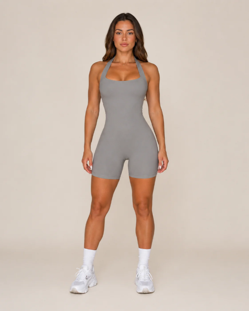 Megan Women's Halter Workout Romper – Open Back Athletic Playsuit with Shorts