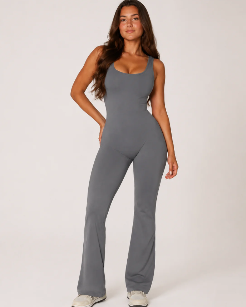 Imogen Women's Flared Workout Jumpsuit – Open-Back Stretch Athletic One-Piece