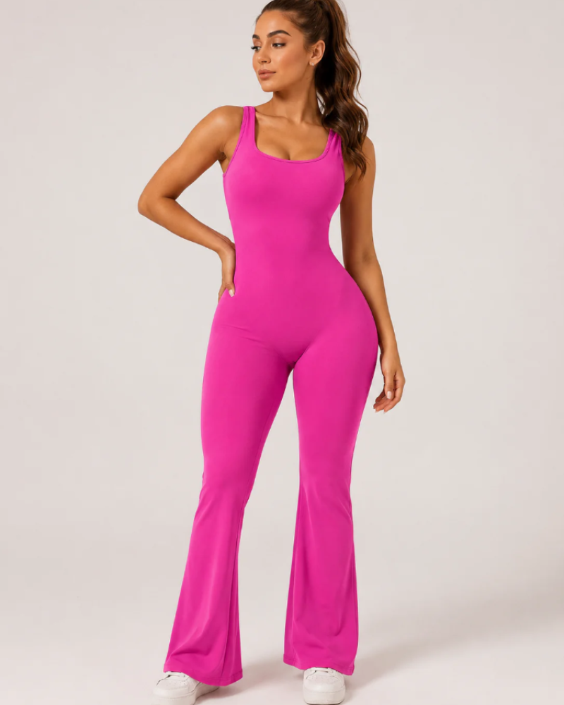 Imogen Women's Flared Workout Jumpsuit – Open-Back Stretch Athletic One-Piece