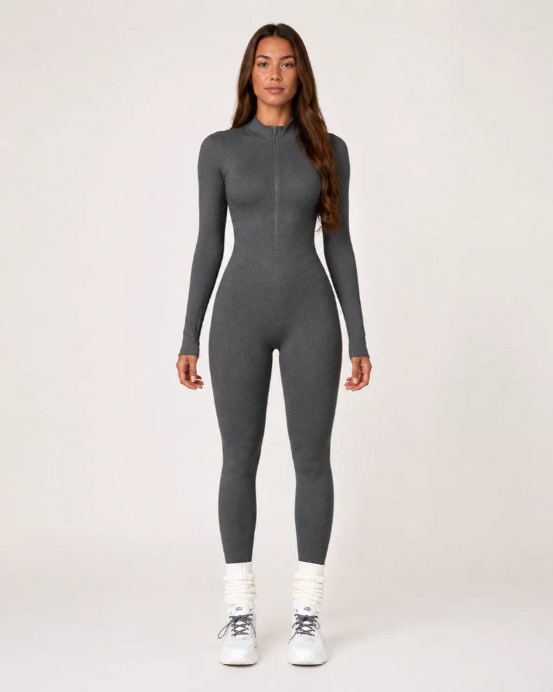 Felicity Women's Ribbed Workout Jumpsuit – Seamless Long Sleeve Zip-Front Design