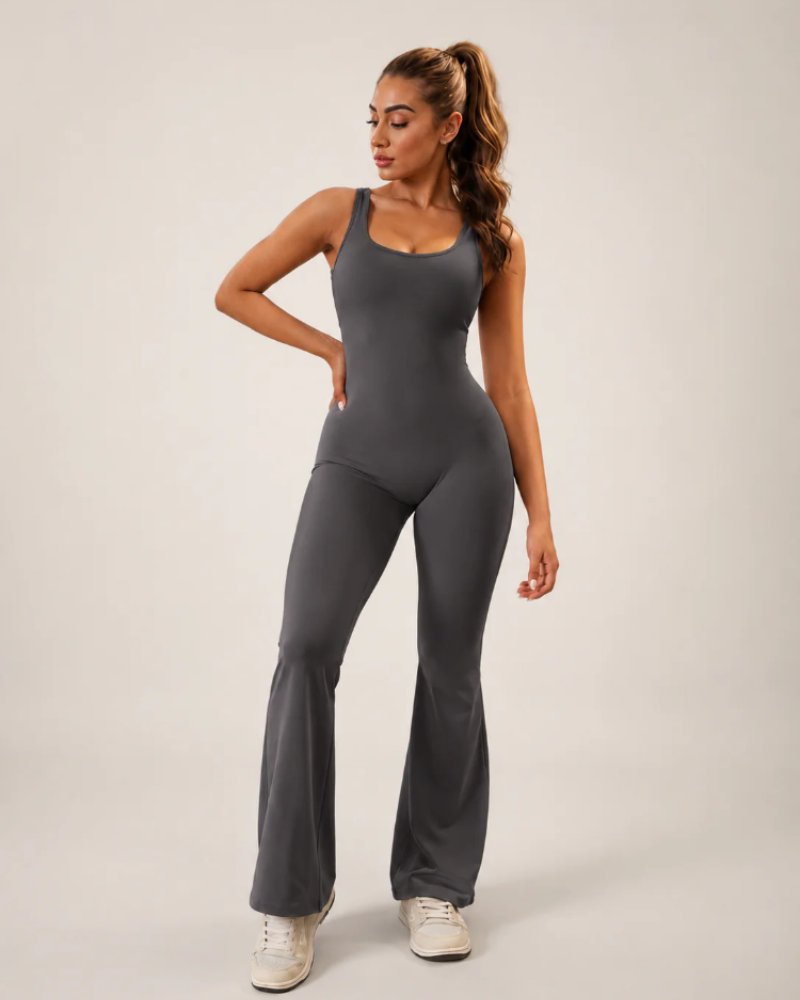 Imogen Women's Flared Workout Jumpsuit – Open-Back Stretch Athletic One-Piece