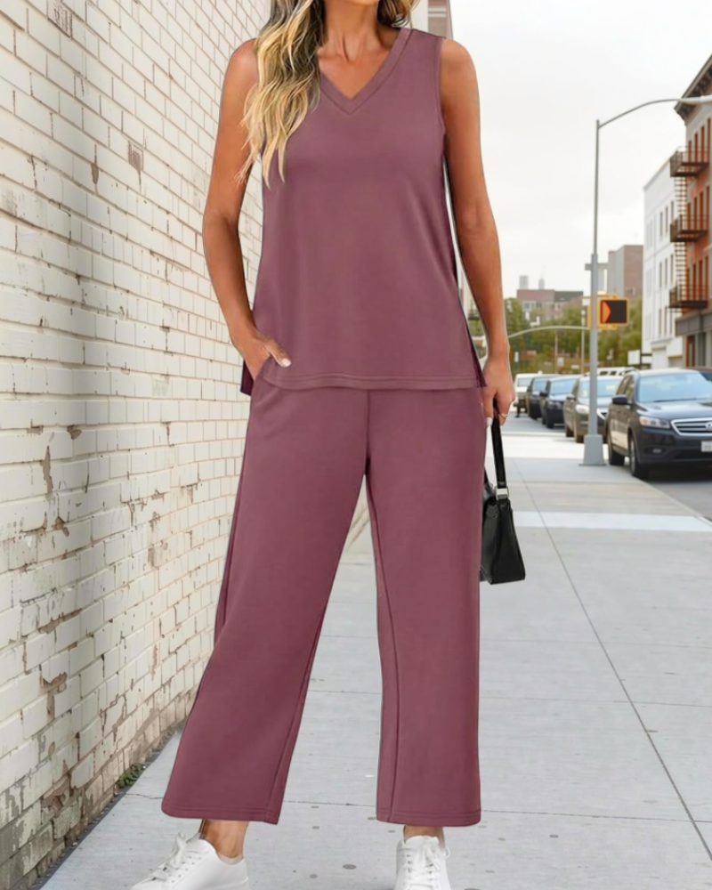 Bianca Women’s Two-Piece Set – V-Neck Summer Vacation Travel Matching Outfit