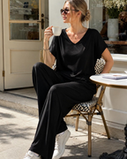 Elara Women’s Summer Lounge Set – V-Neck Top & Wide Leg Pants Two-Piece Outfit