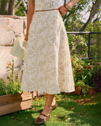 Daphne Women's Embroidered Midi Skirt – Beige Flowy Design with Feminine Detail
