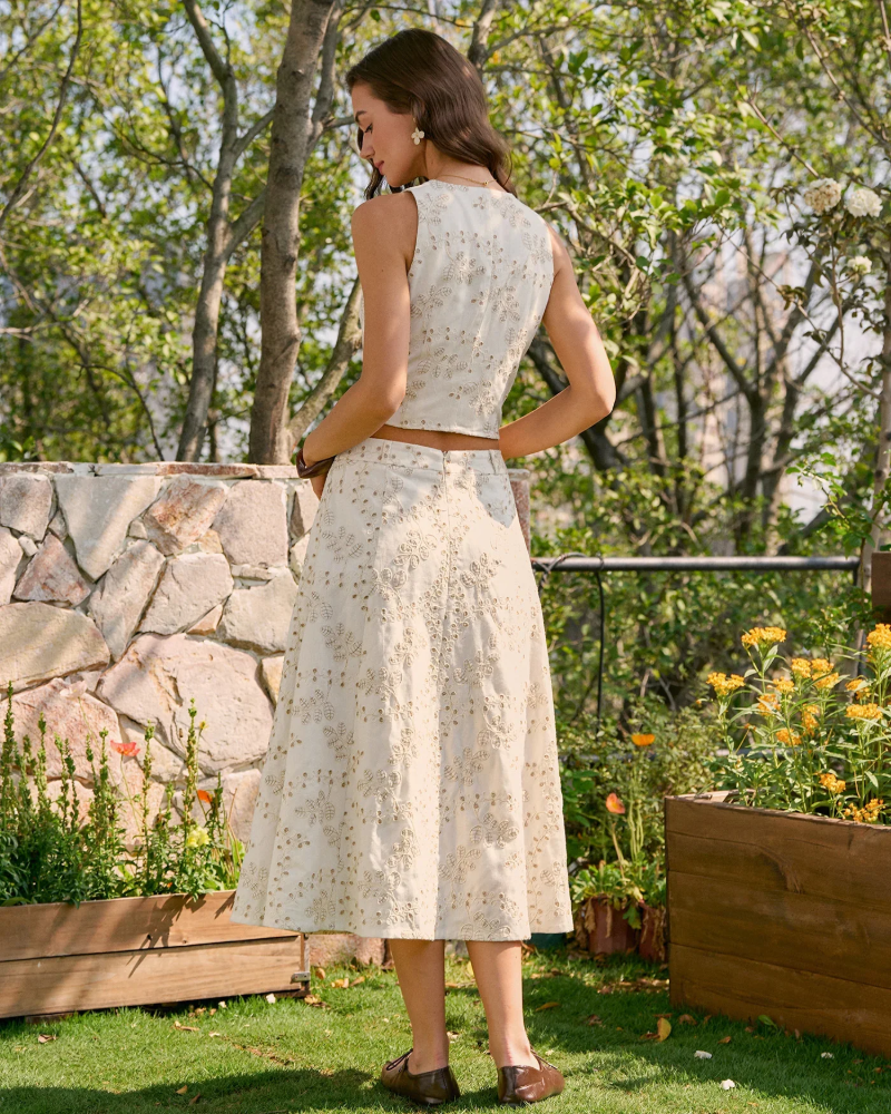 Daphne Women's Embroidered Midi Skirt – Beige Flowy Design with Feminine Detail