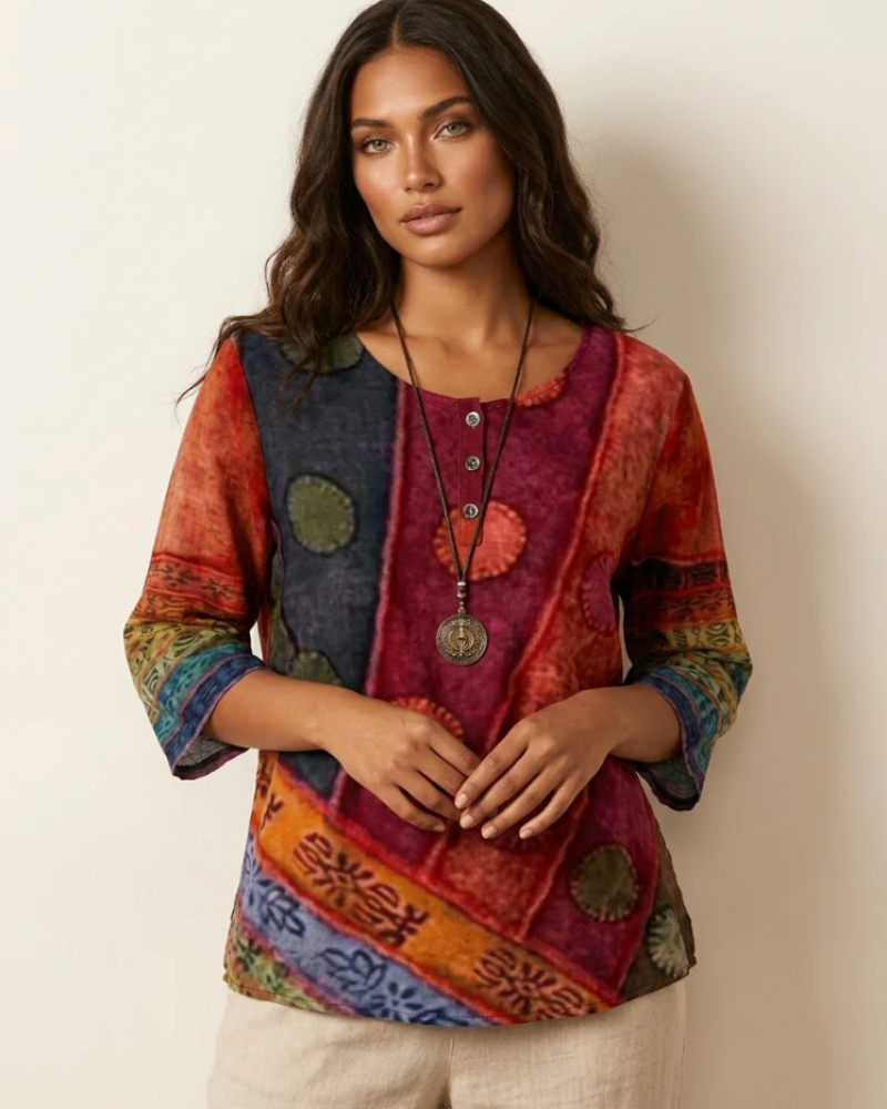 Penelope Women's Boho Blouse – Artistic Print Loose Fit Top with Button Details