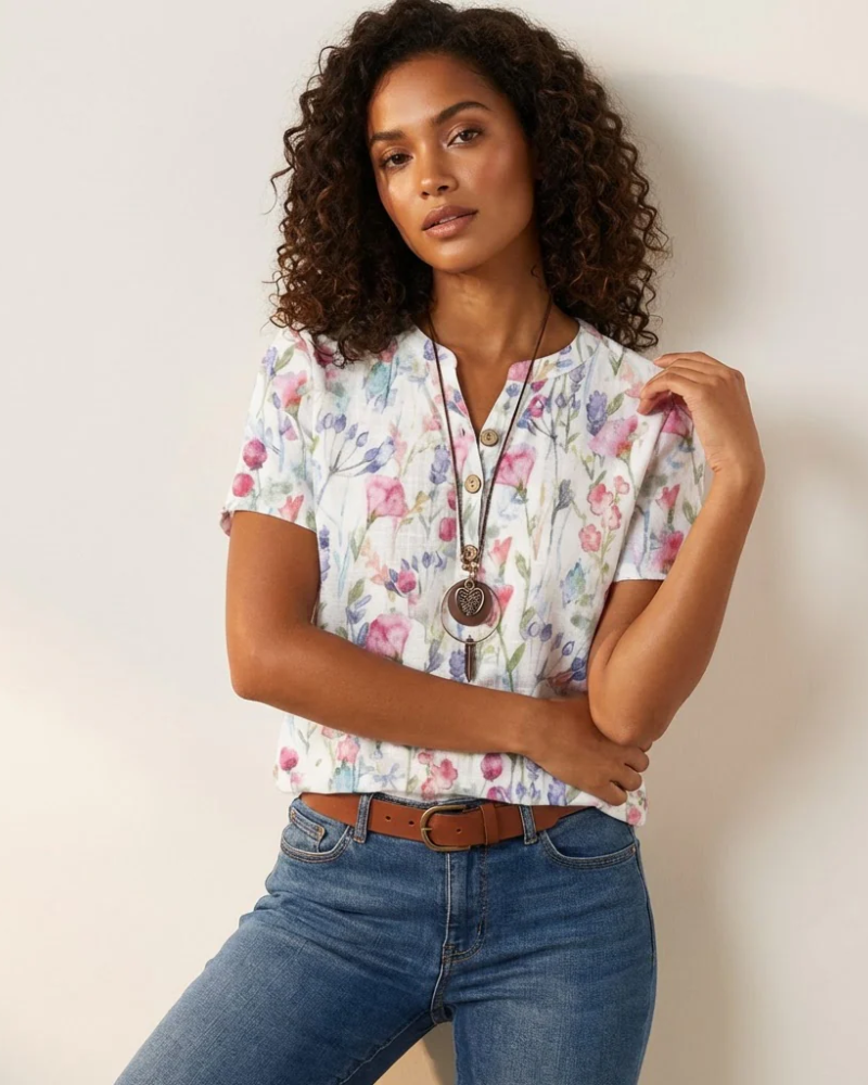 Tessa Women's Floral Blouse – V-Neck Short Sleeve Top with Button Details