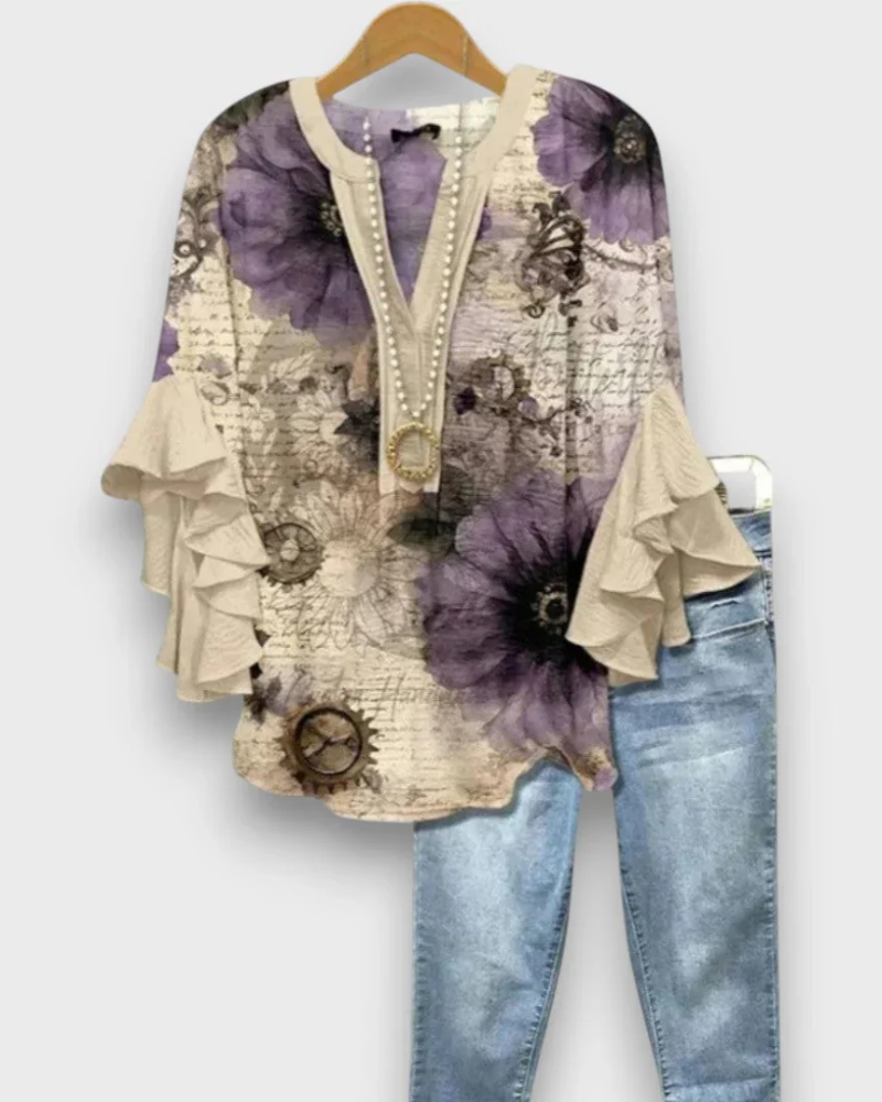 Evelyn Women's Floral Blouse – V-Neck Top with Ruffle Sleeves & Flowy Fit