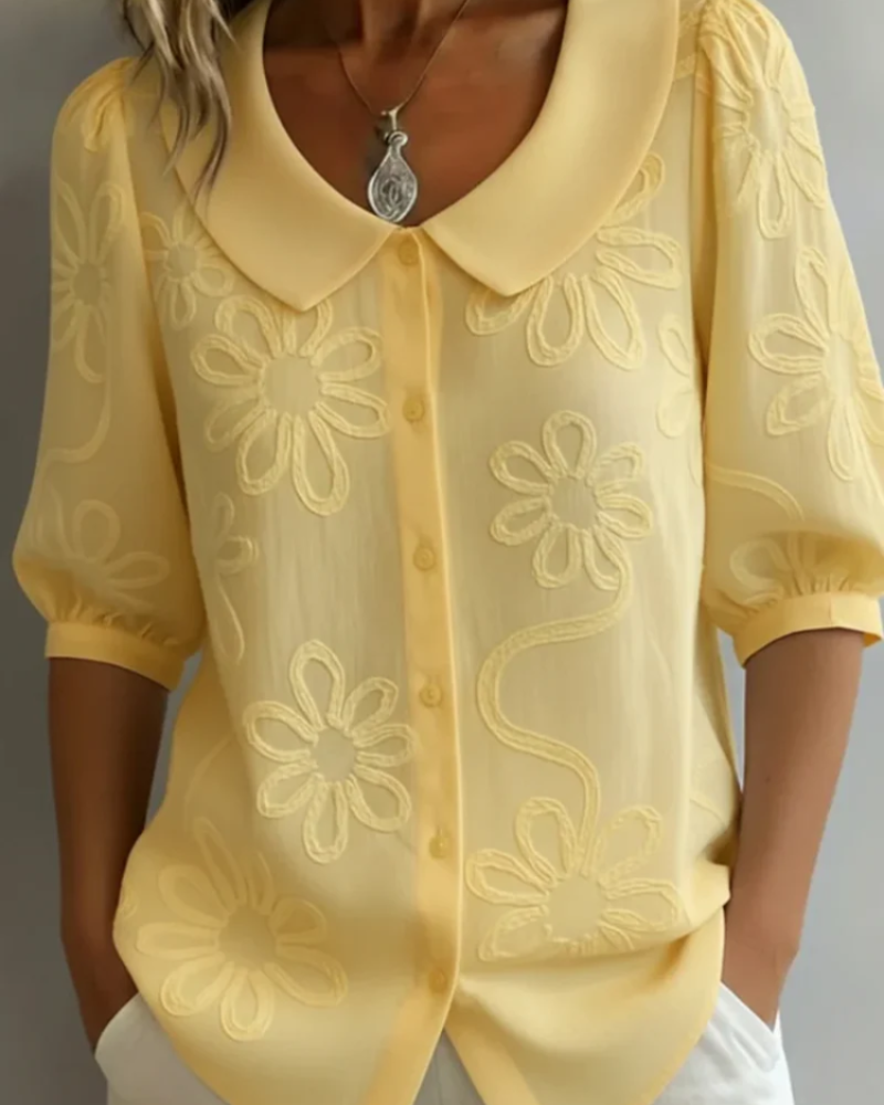 Olivia Women's Embroidered Blouse – Short Sleeve Button Top with Floral Detail
