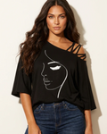 Piper Women's Off-Shoulder Top – Artistic Face Print with Decorative Straps