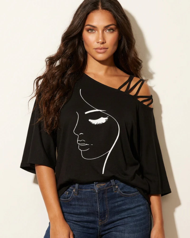 Piper Women's Off-Shoulder Top – Artistic Face Print with Decorative Straps