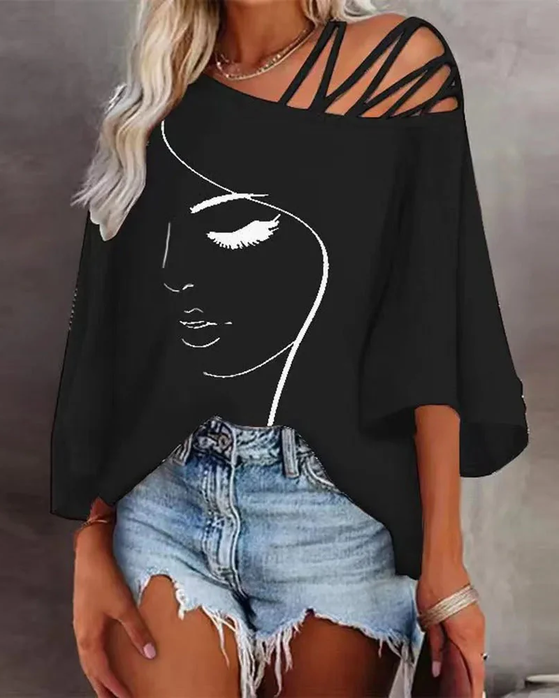 Piper Women's Off-Shoulder Top – Artistic Face Print with Decorative Straps