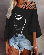 Piper Women's Off-Shoulder Top – Artistic Face Print with Decorative Straps