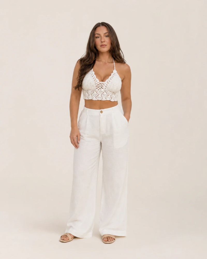 Tamsin Women's Crochet Crop Top – White Halter Neck Boho Summer Top
