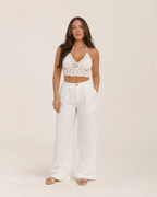 Tamsin Women's Crochet Crop Top – White Halter Neck Boho Summer Top