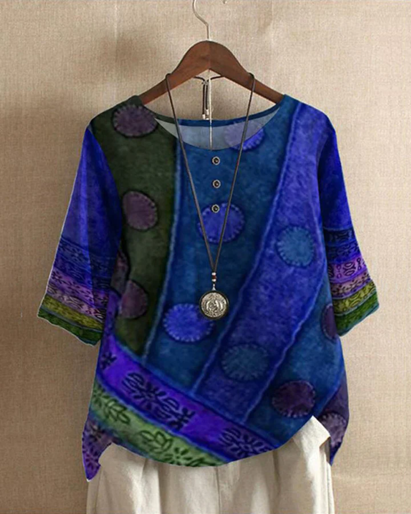 Penelope Women's Boho Blouse – Artistic Print Loose Fit Top with Button Details