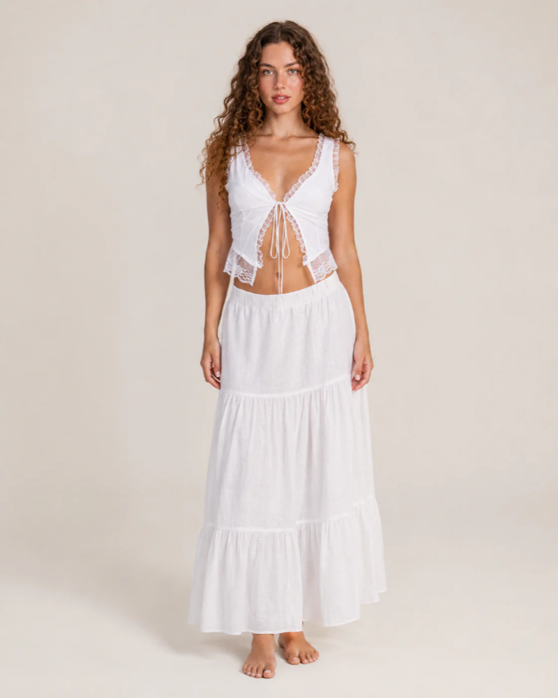 Audrey Women's Lace Crop Top – White Open-Front Design with Adjustable Ties