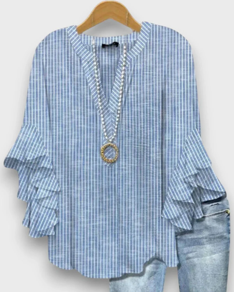 Evelyn Women's Floral Blouse – V-Neck Top with Ruffle Sleeves & Flowy Fit