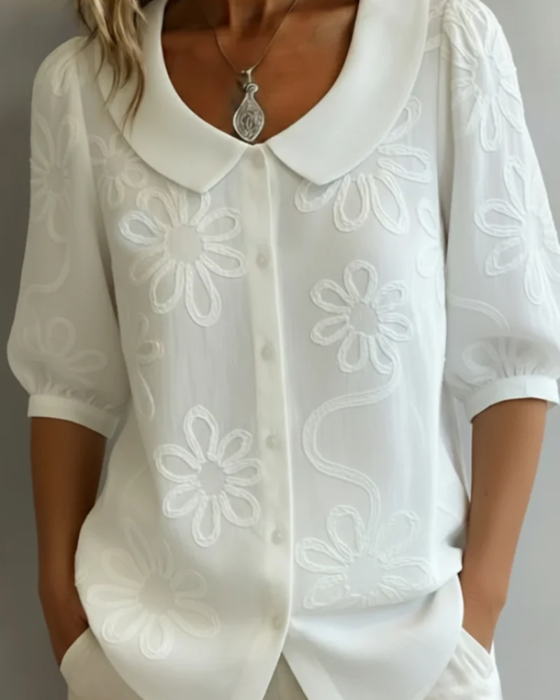 Olivia Women's Embroidered Blouse – Short Sleeve Button Top with Floral Detail