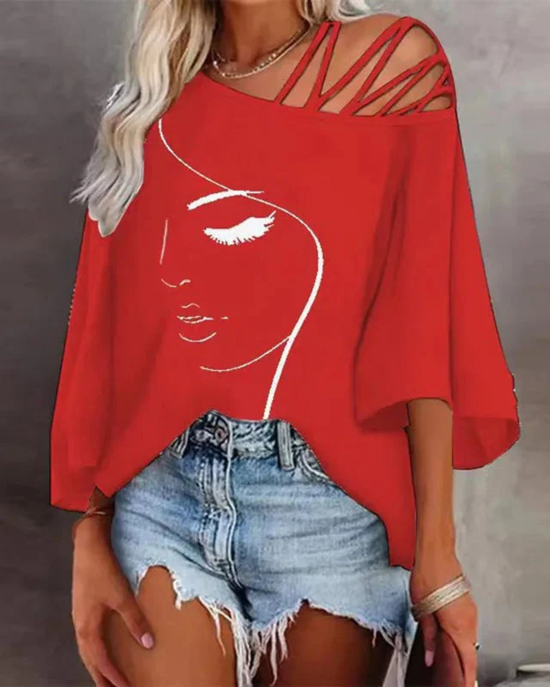 Piper Women's Off-Shoulder Top – Artistic Face Print with Decorative Straps