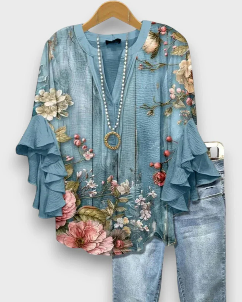 Evelyn Women's Floral Blouse – V-Neck Top with Ruffle Sleeves & Flowy Fit