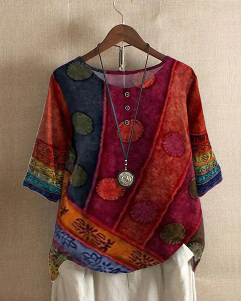 Penelope Women's Boho Blouse – Artistic Print Loose Fit Top with Button Details