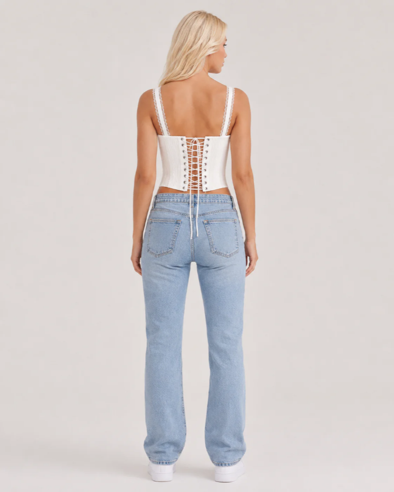 Danielle Women's White Corset Crop Top – Lace Straps, Ruffles & Lace-Up Detail