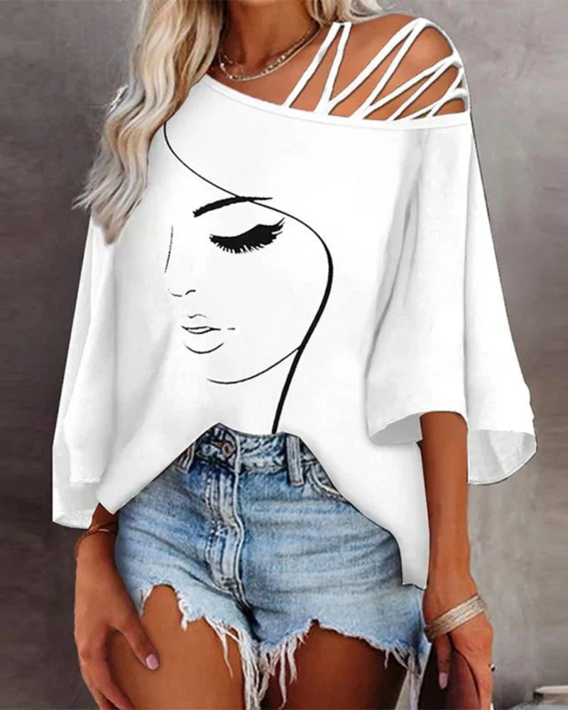Piper Women's Off-Shoulder Top – Artistic Face Print with Decorative Straps